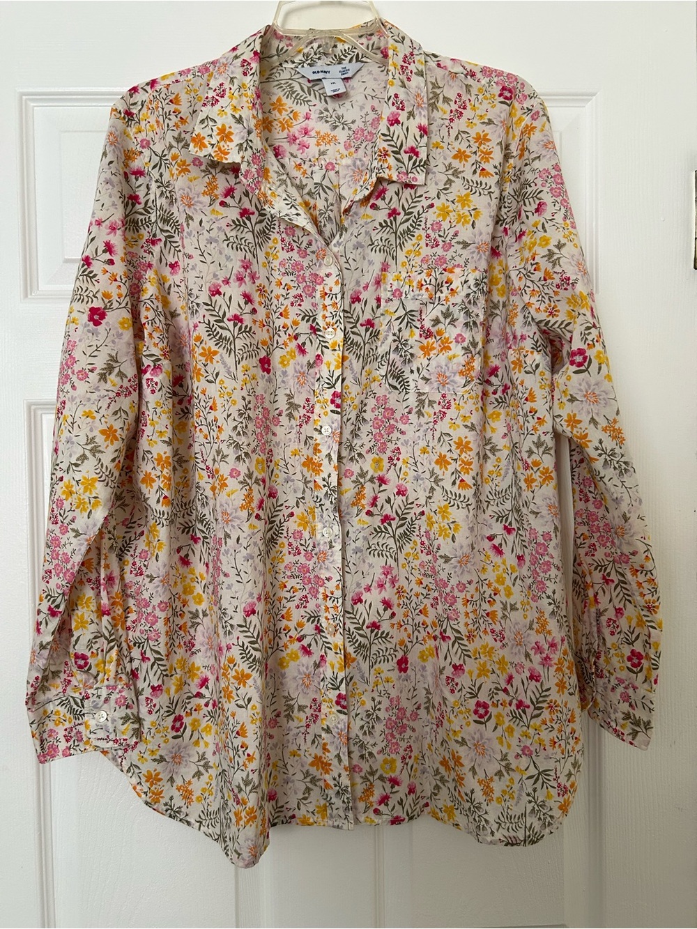 Old Navy Cream Button-Down Shirt with Pink & Yellow Floral Print Size XXL